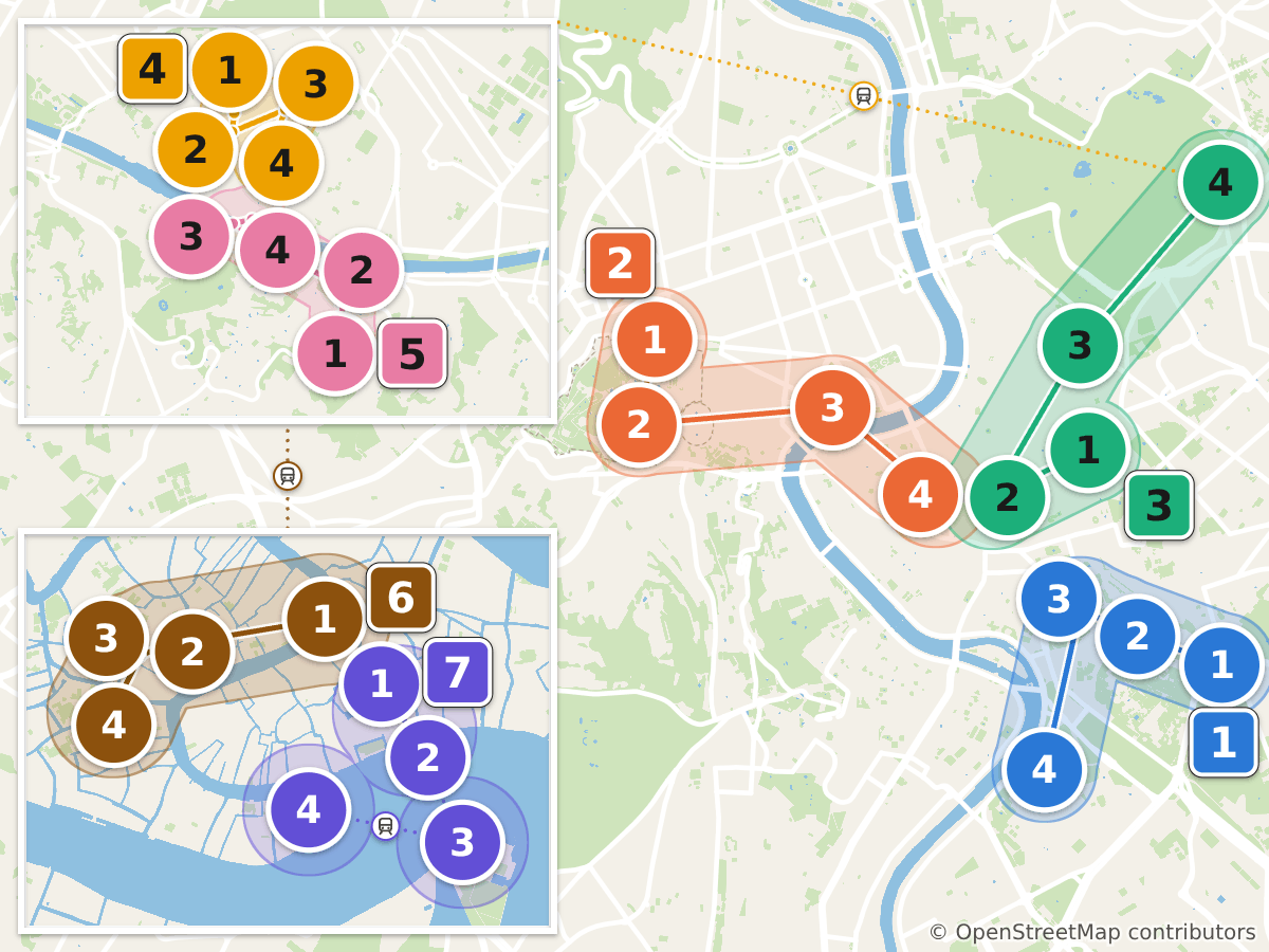 Route map: 28 stops over 7 days